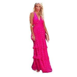 En Crème Vici Women Dress Hot Pink and Gold Tiered Maxi Sz Med